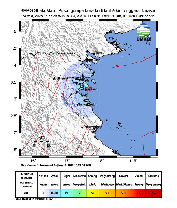 Gempa Magnitudo 4.4, 9km dari dari Tenggara Tarakan