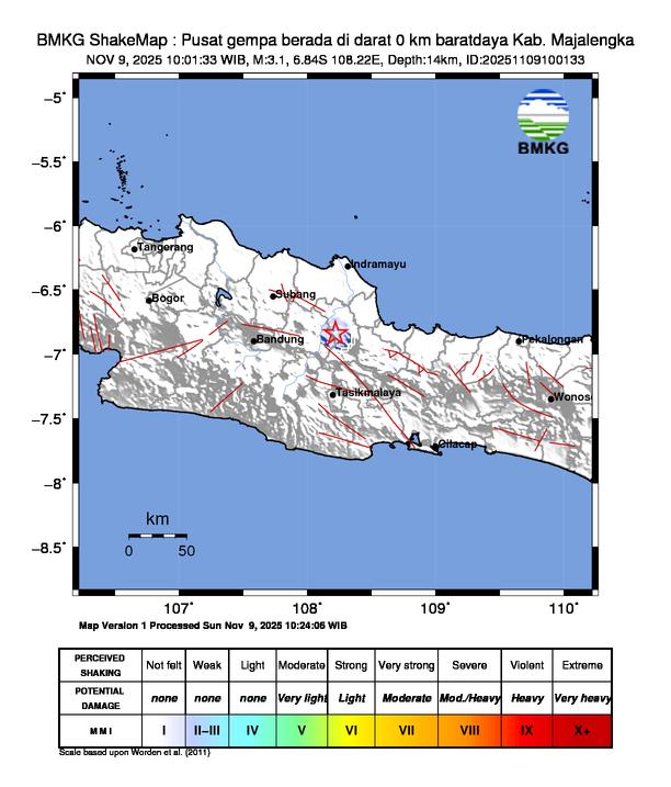 Gempa Magnitudo 3.1, 0km dari Barat Daya Kab. Majalengka