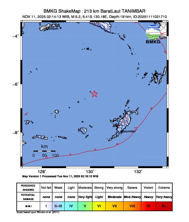 Gempa Magnitudo 5.2, 213km dari Barat Laut Tanimbar