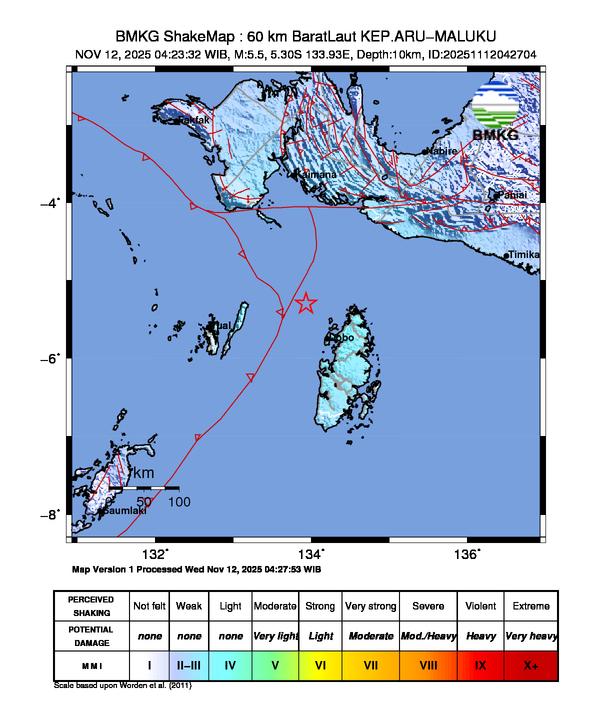 Gempa Magnitudo 5.5, 60km dari Barat Laut Kepulauan Aru, Maluku