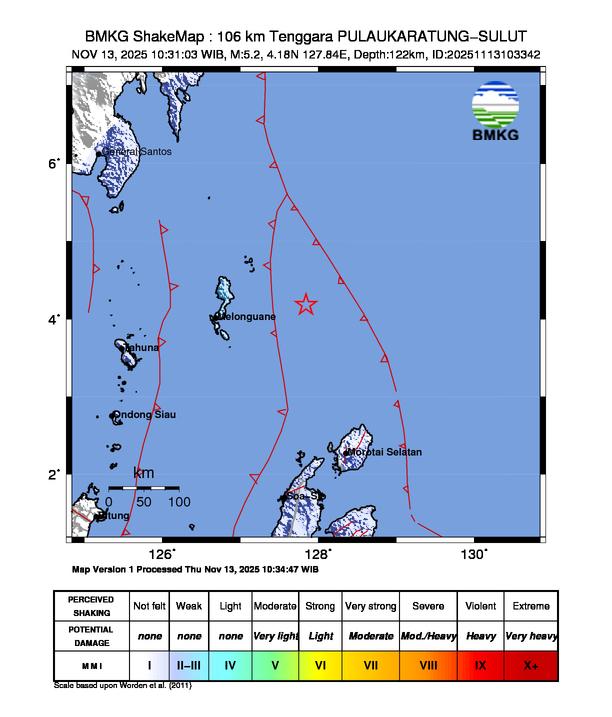 Gempa Magnitudo 5.2, 106km dari Tenggara Pulau Karatung, Sulawesi Utara
