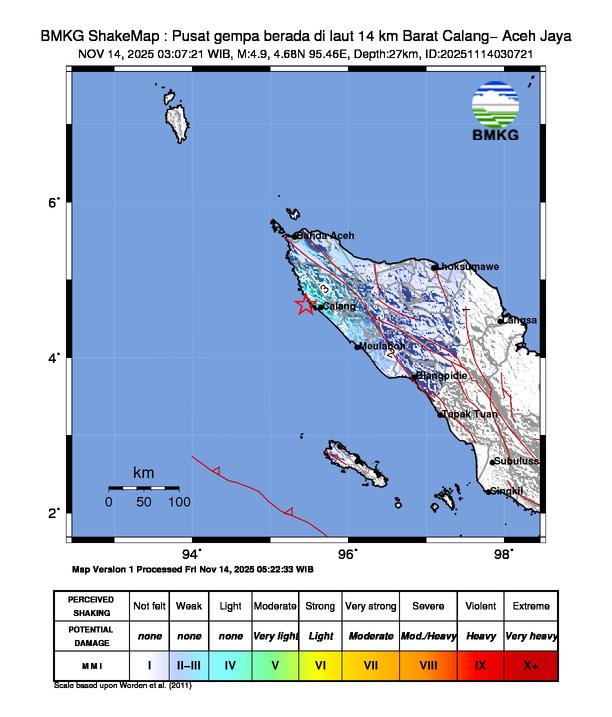 Gempa Magnitudo 4.9, 14km dari Barat Calang, Aceh Jaya
