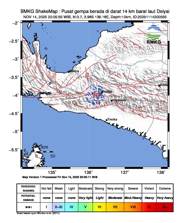Gempa Magnitudo 3.7, 14km dari Dari Barat Laut Deiyai
