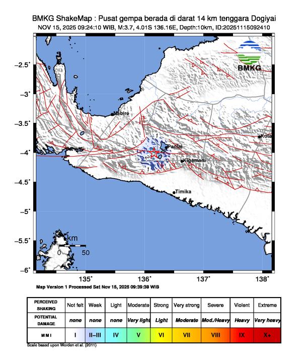 Gempa Magnitudo 3.7, 14km dari Tenggara Dogiyai