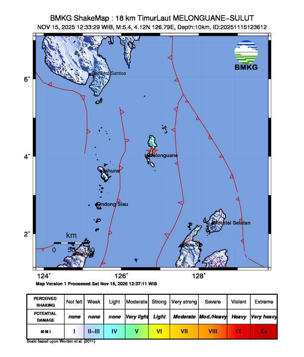 Gempa Magnitudo 5.4, 18km dari Timur Laut Melonguane, Sulawesi Utara