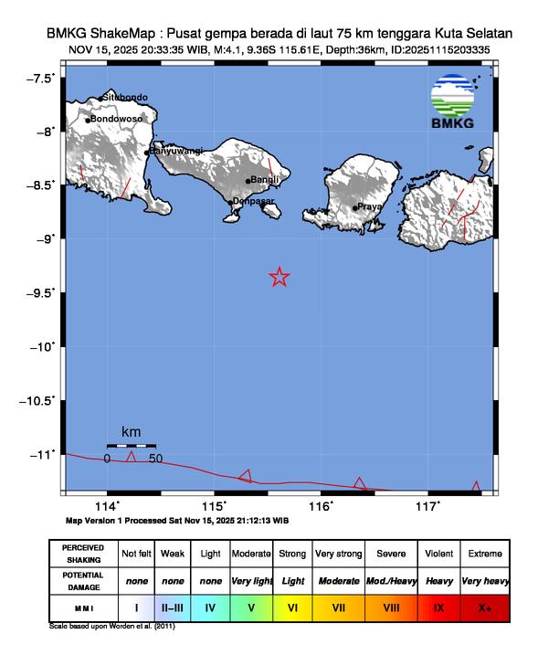 Gempa Magnitudo 4.1, 75km dari Tenggara Kuta Selatan