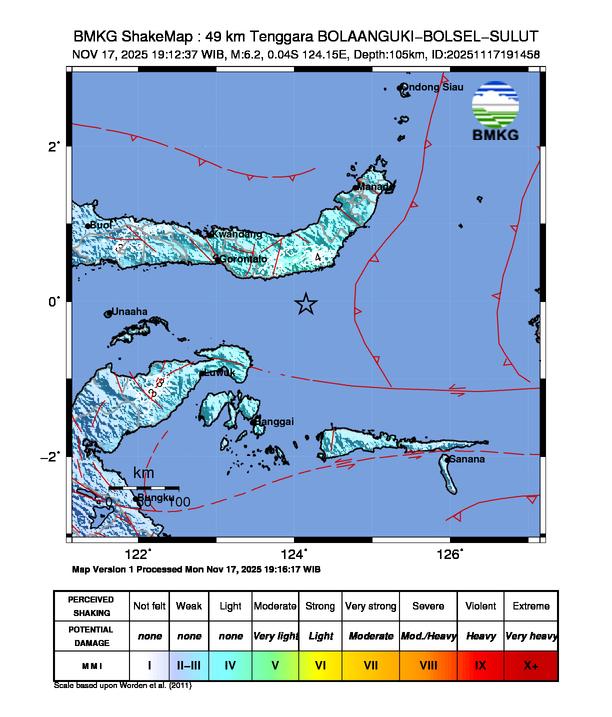 Gempa Magnitudo 6.2, 49km dari Tenggara Bolaang Uki, Bolaang Mongondow Selatan