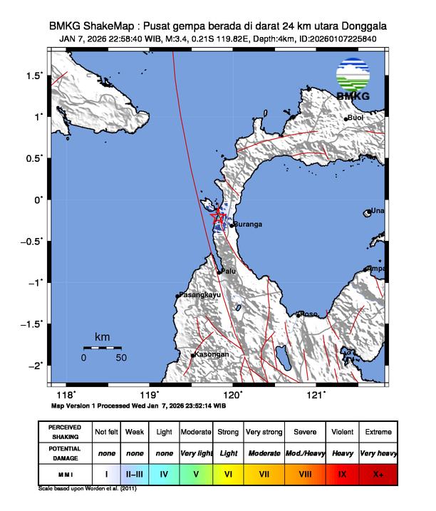 Gempa Magnitudo 3.4, 24km dari dari Utara Donggala