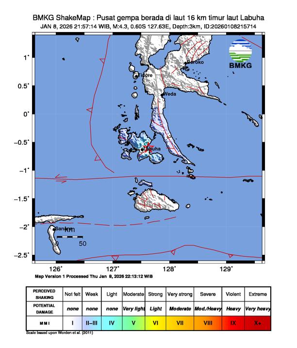 Gempa Magnitudo 4.3, 16km dari Timur Laut Labuha