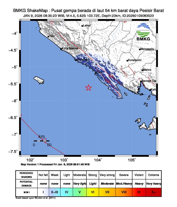 Gempa Magnitudo 4.5, 54km dari Barat Daya Pesisir Barat