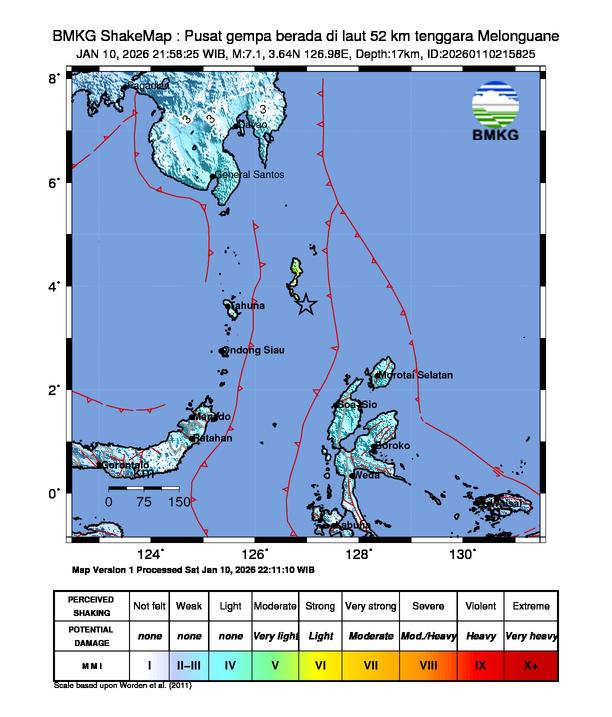 Gempa Magnitudo 7.1, 52km dari Tenggara Melonguane