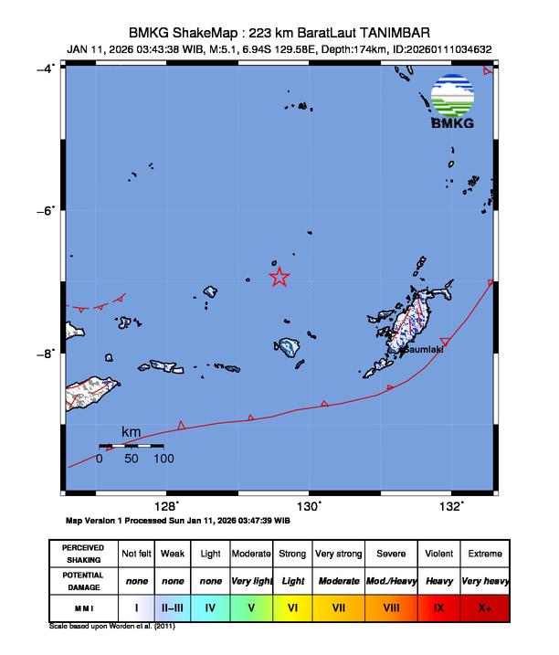 Gempa Magnitudo 5.1, 223km dari Barat Laut Tanimbar