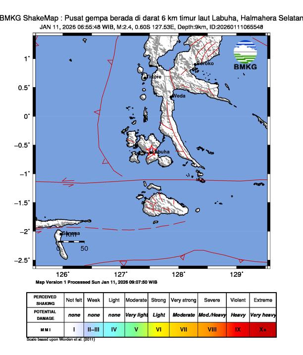 Gempa Magnitudo 2.4, 6km dari Timur Laut Labuha, Halmahera Selatan