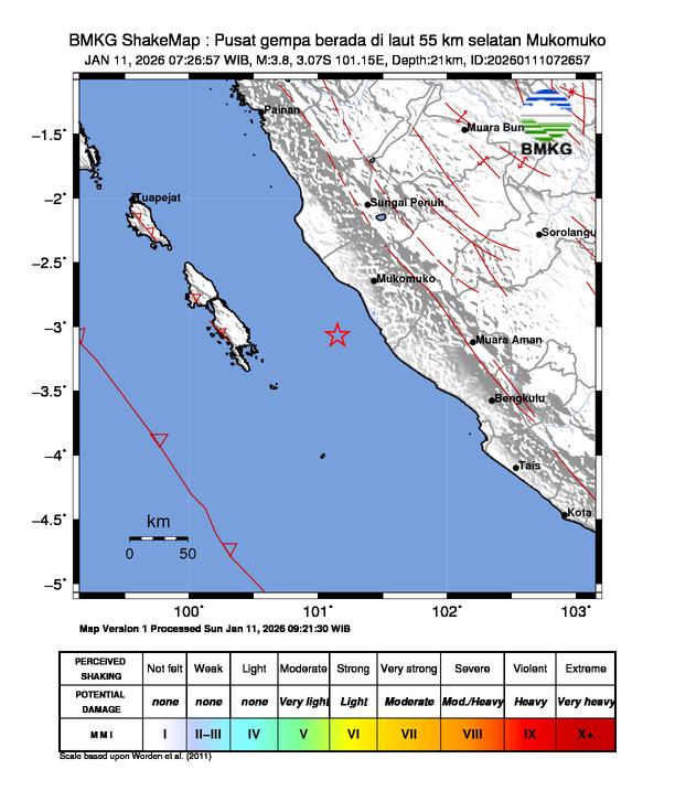 Gempa Magnitudo 3.8, 55km dari Dari Selatan Mukomuko