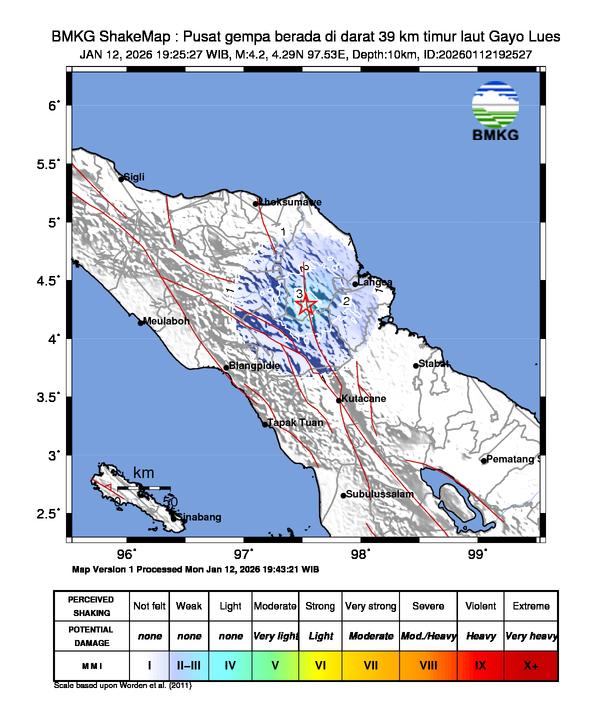 Gempa Magnitudo 4.2, 39km dari Dari Timur Laut Gayo Lues