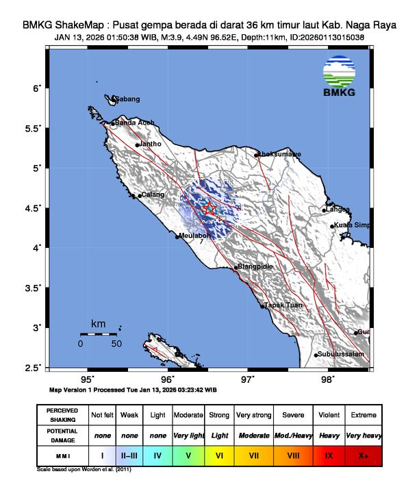 Gempa Magnitudo 3.9, 36km dari Timur Laut Kab. Naga Raya