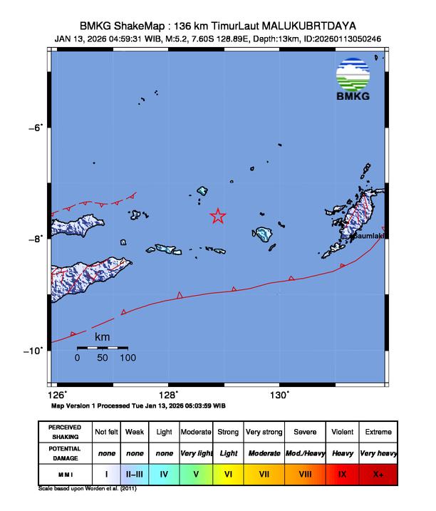 Gempa Magnitudo 5.2, 136km dari Timur Laut Maluku Barat