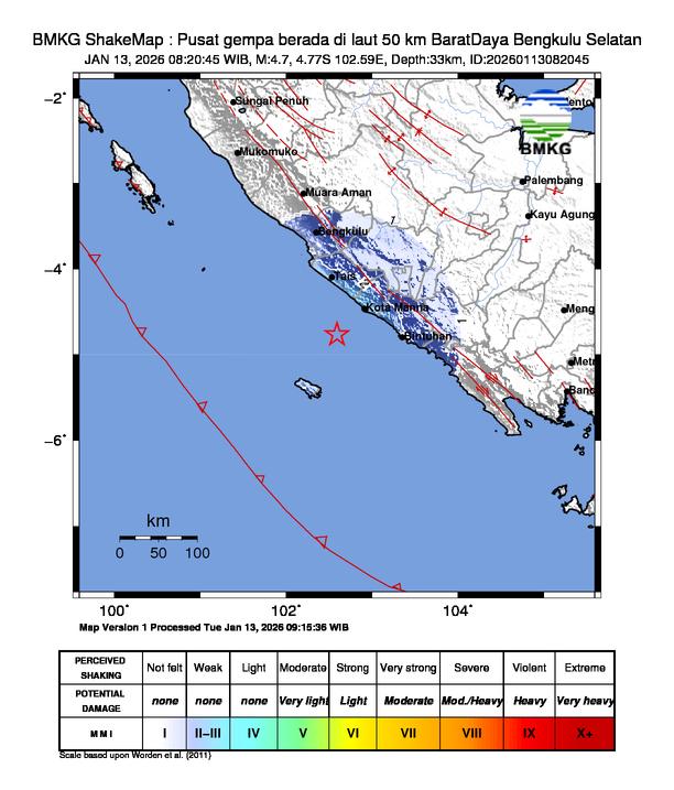 Gempa Magnitudo 4.7, 50km dari Barat Daya Bengkulu Selatan
