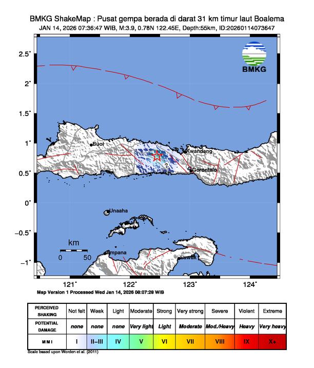 Gempa Magnitudo 3.9, 31km dari Tmur Laut Boalema, Gorontalo