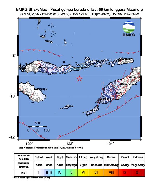 Gempa Magnitudo 4.9, 66km dari Tenggara Maumere, Nusa Tenggara Timur