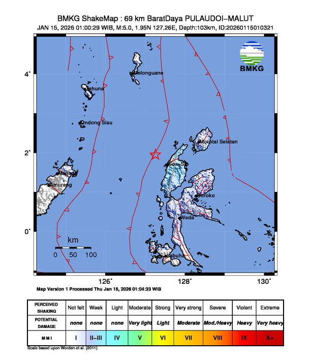 Gempa Magnitudo 5.0, 69km dari Barat Daya Pulau Doi, Maluku Utara