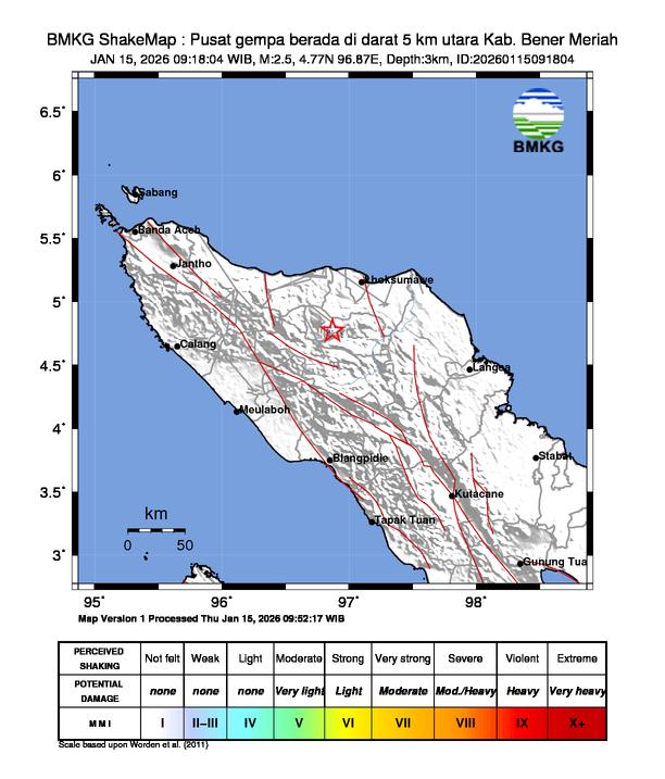 Gempa Magnitudo 2.5, 5km dari Utara Bener Meriah, Aceh Tengah