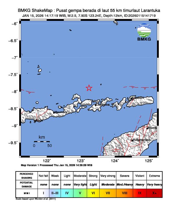 Gempa Magnitudo 2.5, 55km dari Timur Laut Larantuka, Flores Timur