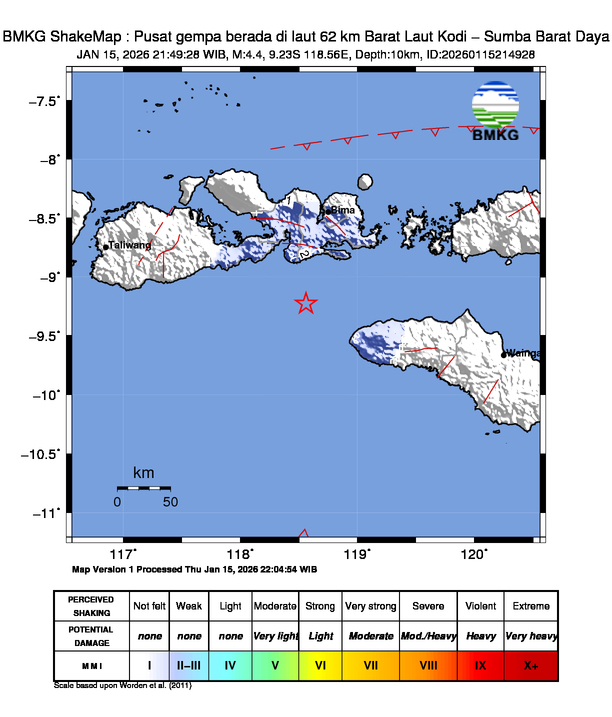 Gempa Magnitudo 4.4, 62km dari Barat Laut Kodi, Sumba Barat Daya