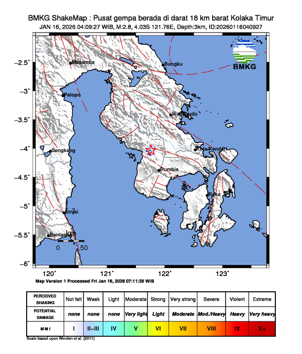 Gempa Magnitudo 2.8, 18km dari Barat Kolaka Timur, Sulawesi Tenggara