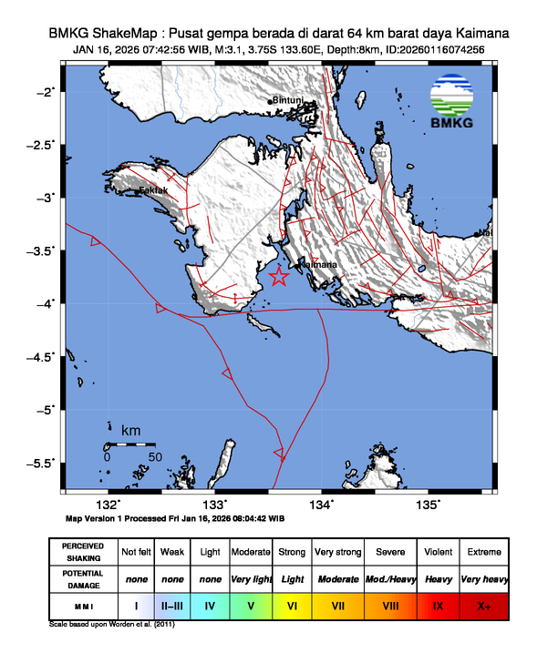 Gempa Magnitudo 3.1, 64km dari Barat Daya Kaimana, Papua Barat