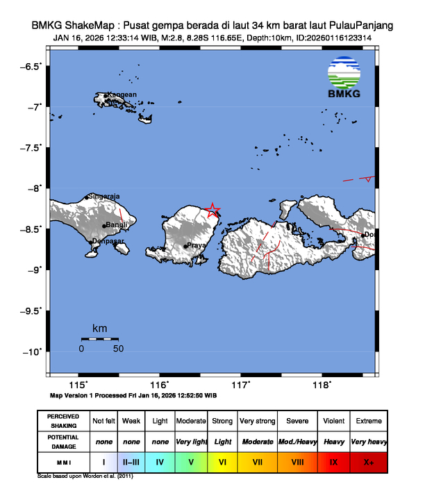 Gempa Magnitudo 2.8, 34km dari Barat Laut Pulau Panjang