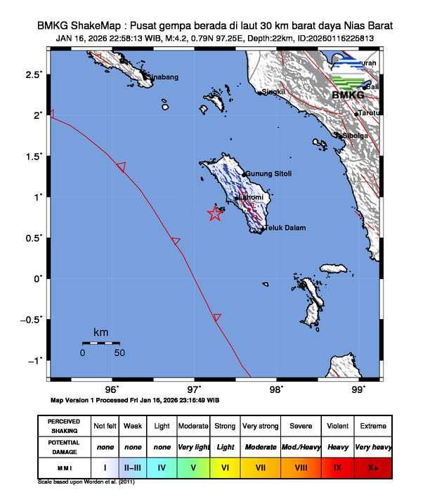 Gempa Magnitudo 4.2, 30km dari Barat Daya Nias Barat, Sumatera Utara