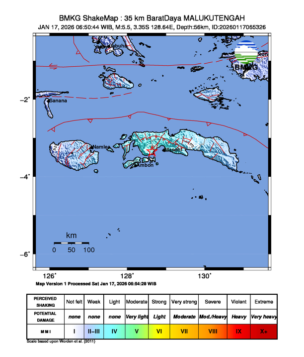 Gempa Magnitudo 5.5, 35km dari Barat Daya Maluku Tengah