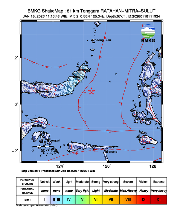Gempa Magnitudo 5.2, 81km dari dari Minahasa Tenggara, Sulawesi Utara