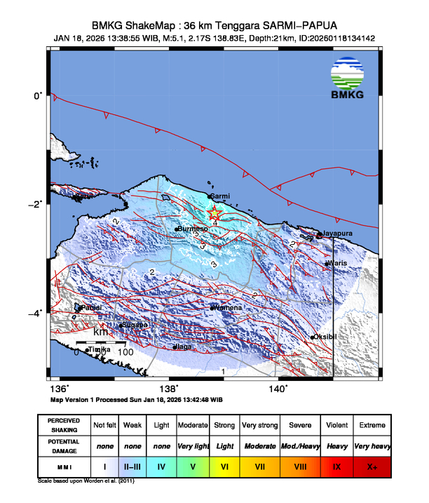 Gempa Magnitudo 5.1, 36km dari Tenggara Sarmi, Papua