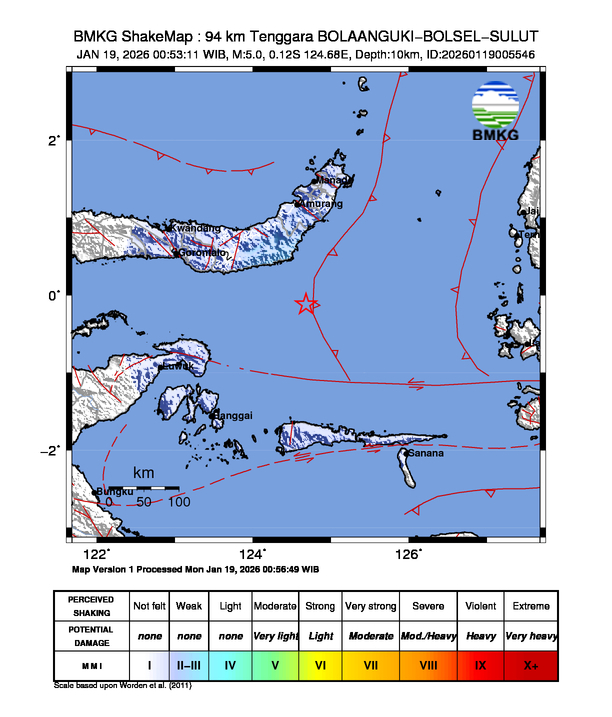 Gempa Magnitudo 5.0, 94km dari Tenggara Bolaang Mongondow Selatan, Sulawesi Utara