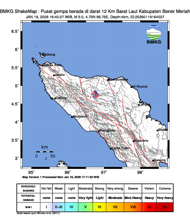 Gempa Magnitudo 3.0, 12 Km Barat Laut Bener Meriah, Aceh