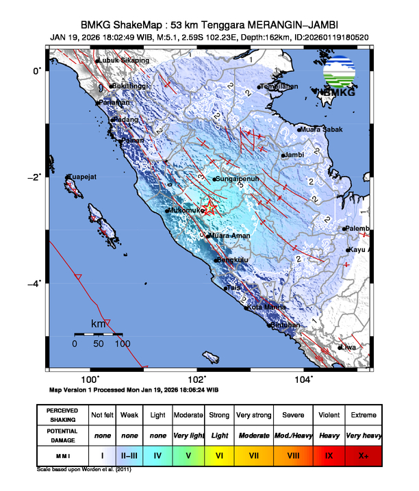 Gempa Magnitudo 5.1, 53km dari Tenggara Merangin, Jambi