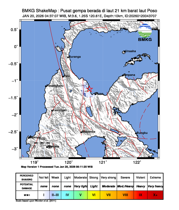 Gempa Magnitudo 3.6, 21km dari Barat Laut Poso, Sulawesi Tengah