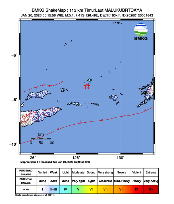Gempa Magnitudo 5.1, 113km dari Timur Laut Maluku Barat Daya, Maluku