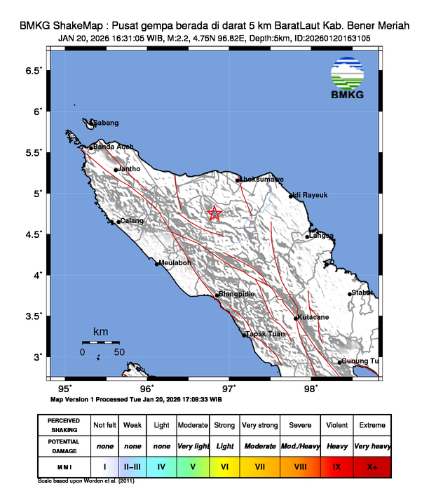 Gempa Magnitudo 2.2, 5km dari Barat Laut Bener Meriah, Aceh