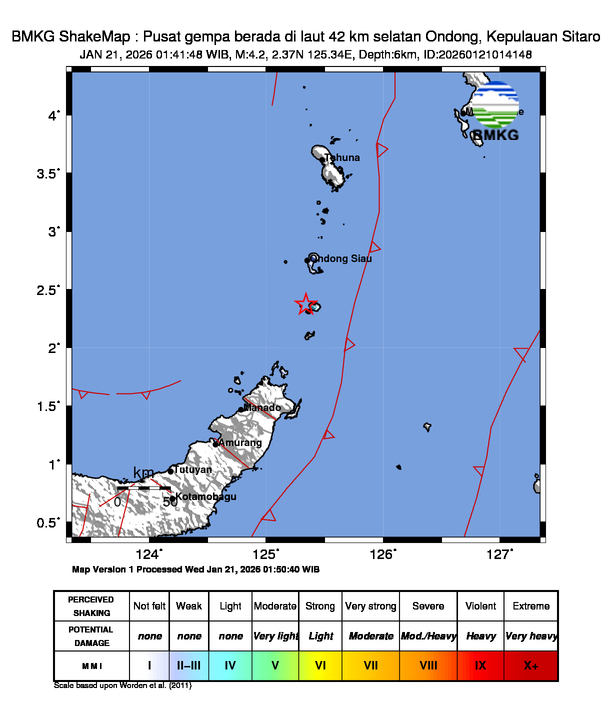 Gempa Magnitudo 4.2, 42km dari Selatan Ondong, Kepulauan Sitaro
