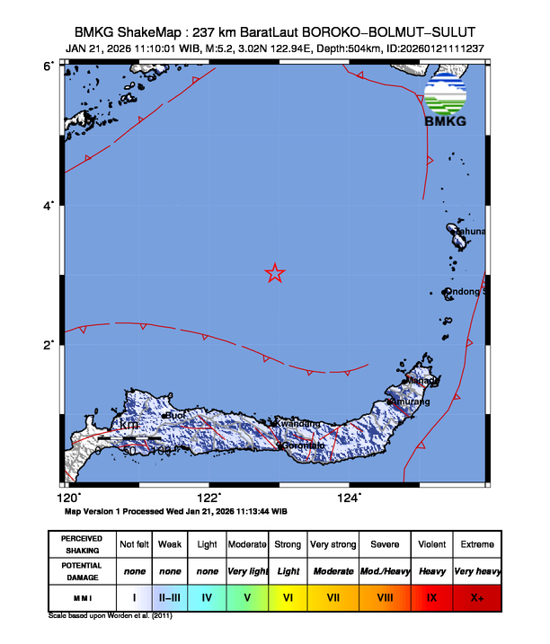 Gempa Magnitudo 5.2, 237km dari Barat Laut Bolaang Mongondow Utara, Sulawesi Utara