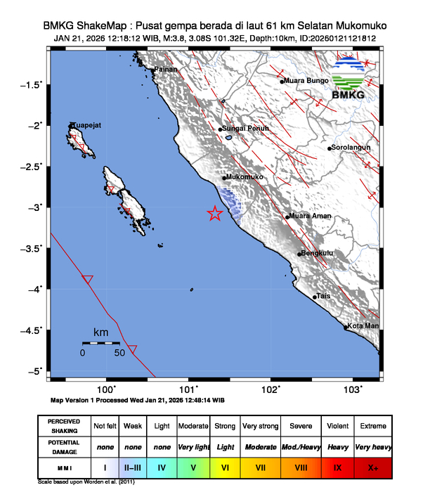 Gempa Magnitudo 3.8, 61km dari Selatan Mukomuko, Bengkulu