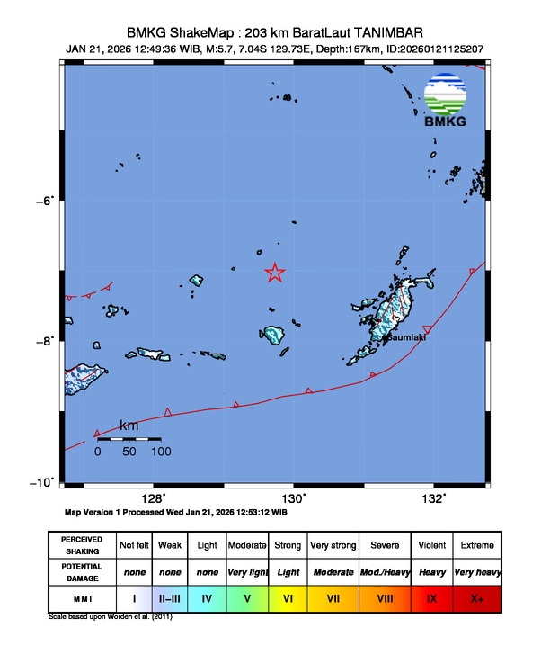 Gempa Magnitudo 5.7, 203km dari Barat Laut Tanimbar, Maluku