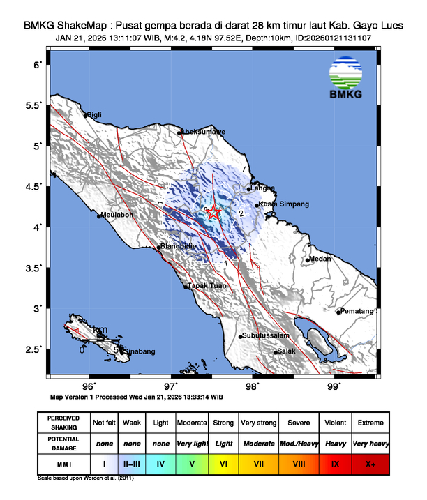 Gempa Magnitudo 4.2, 28km dari Timur Laut Gayo Lues, Aceh