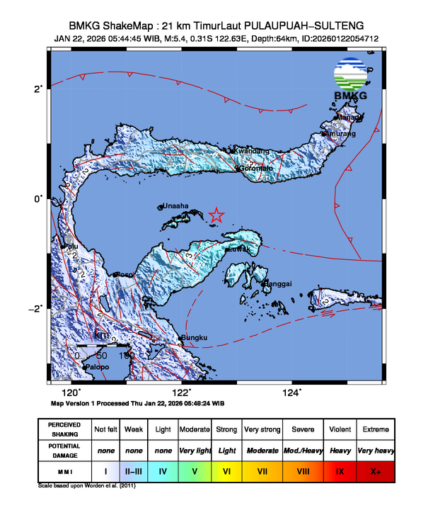 Gempa Magnitudo 5.4, 21km dari Timur Laut Pulau Puah, Sulawesi Tengah