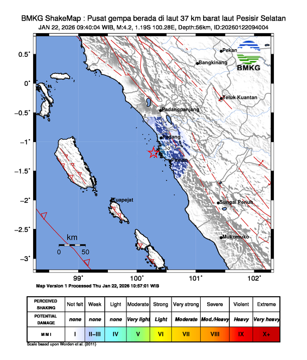 Gempa Magnitudo 4.2, 37km dari Barat Laut Pesisir Selatan, Sumatera Barat