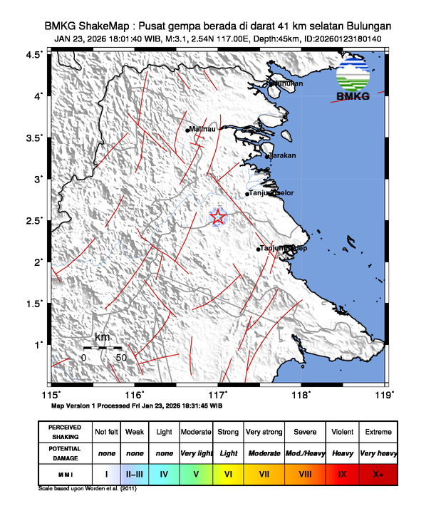 Gempa Magnitudo 3.1, 41km dari Selatan Bulungan, Kalimantan Utara