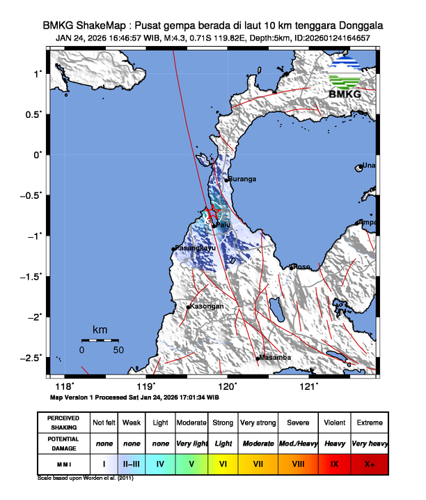 Gempa Magnitudo 4.3, 10km dari Tenggara Donggala, Sulawesi Tengah